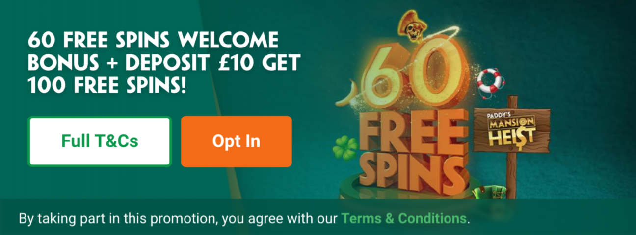 Paddy Power casino offer - 60 free spins + deposit £10, get 100 free spins